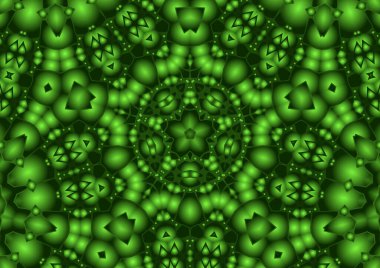 Dijital illüstrasyon, geometrik soyut renkli kaleydoskop simetrik desen ve gradyan etkisi. Klasik güzel dekoratif yeşil arkaplan
