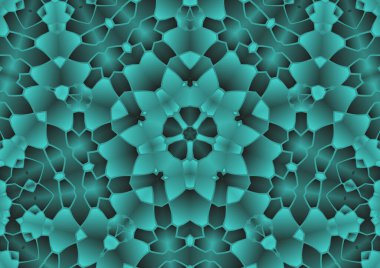 Dijital illüstrasyon, geometrik soyut renkli kaleydoskop simetrik desen ve gradyan etkisi. Klasik güzel dekoratif mavi arkaplan