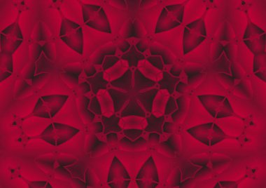 Dijital illüstrasyon, geometrik soyut renkli kaleydoskop simetrik desen ve gradyan etkisi. Klasik güzel dekoratif kırmızı arkaplan