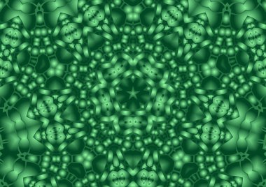 Dijital illüstrasyon, geometrik soyut renkli kaleydoskop simetrik desen ve gradyan etkisi. Klasik güzel dekoratif yeşil arkaplan