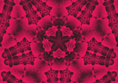 Dijital illüstrasyon, geometrik soyut renkli kaleydoskop simetrik desen ve gradyan etkisi. Klasik güzel dekoratif kırmızı arkaplan