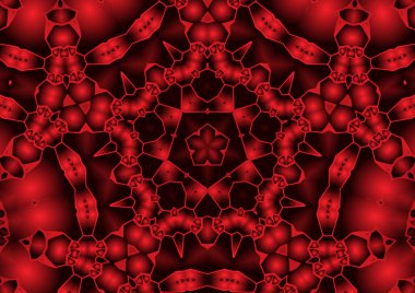 Dijital illüstrasyon, geometrik soyut renkli kaleydoskop simetrik desen ve gradyan etkisi. Klasik güzel dekoratif kırmızı arkaplan