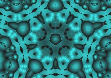 Dijital illüstrasyon, geometrik soyut renkli kaleydoskop simetrik desen ve gradyan etkisi. Klasik güzel dekoratif mavi arkaplan