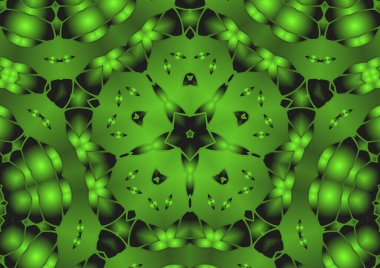 Dijital illüstrasyon, geometrik soyut renkli kaleydoskop simetrik desen ve gradyan etkisi. Klasik güzel dekoratif yeşil arkaplan