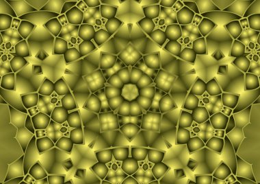 Dijital illüstrasyon, geometrik soyut renkli kaleydoskop simetrik desen ve gradyan etkisi. Klasik güzel dekoratif sarı arkaplan