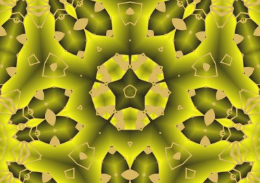 Dijital illüstrasyon, geometrik soyut renkli kaleydoskop simetrik desen ve gradyan etkisi. Klasik güzel dekoratif sarı arkaplan