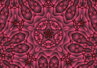 Dijital illüstrasyon, geometrik soyut renkli kaleydoskop simetrik desen ve gradyan etkisi. Klasik güzel dekoratif kırmızı arkaplan