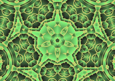 Dijital illüstrasyon, geometrik soyut renkli kaleydoskop simetrik desen ve gradyan etkisi. Klasik güzel dekoratif yeşil arkaplan