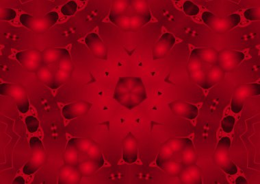 Dijital illüstrasyon, geometrik soyut renkli kaleydoskop simetrik desen ve gradyan etkisi. Klasik güzel dekoratif kırmızı arkaplan