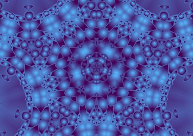 Dijital illüstrasyon, geometrik soyut renkli kaleydoskop simetrik desen ve gradyan etkisi. Klasik güzel dekoratif mavi arkaplan