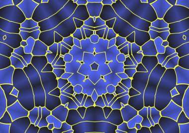 Dijital illüstrasyon, geometrik soyut renkli kaleydoskop simetrik desen ve gradyan etkisi. Klasik güzel dekoratif mavi arkaplan