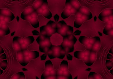 Dijital illüstrasyon, geometrik soyut renkli kaleydoskop simetrik desen ve gradyan etkisi. Klasik güzel dekoratif kırmızı arkaplan