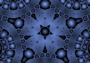 Dijital illüstrasyon, geometrik soyut renkli kaleydoskop simetrik desen ve gradyan etkisi. Klasik güzel dekoratif mavi arkaplan