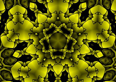 Dijital illüstrasyon, geometrik soyut renkli kaleydoskop simetrik desen ve gradyan etkisi. Klasik güzel dekoratif sarı arkaplan