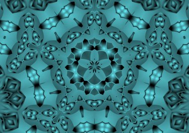 Dijital illüstrasyon, geometrik soyut renkli kaleydoskop simetrik desen ve gradyan etkisi. Klasik güzel dekoratif mavi arkaplan