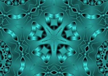 Dijital illüstrasyon, geometrik soyut renkli kaleydoskop simetrik desen ve gradyan etkisi. Klasik güzel dekoratif mavi arkaplan