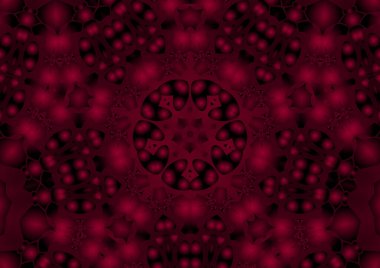 Dijital illüstrasyon, geometrik soyut renkli kaleydoskop simetrik desen ve gradyan etkisi. Klasik güzel dekoratif kırmızı arkaplan