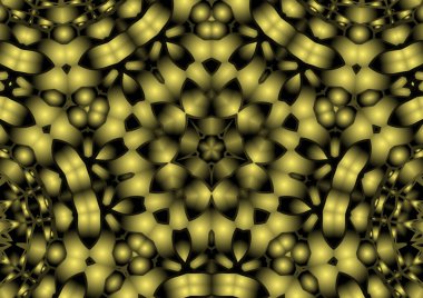 Dijital illüstrasyon, geometrik soyut renkli kaleydoskop simetrik desen ve gradyan etkisi. Klasik güzel dekoratif sarı arkaplan