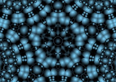 Dijital illüstrasyon, geometrik soyut renkli kaleydoskop simetrik desen ve gradyan etkisi. Klasik güzel dekoratif mavi arkaplan