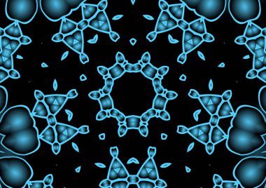 Dijital illüstrasyon, geometrik soyut renkli kaleydoskop simetrik desen ve gradyan etkisi. Klasik güzel dekoratif mavi arkaplan