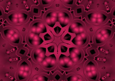 Dijital illüstrasyon, geometrik soyut renkli kaleydoskop simetrik desen ve gradyan etkisi. Klasik güzel dekoratif kırmızı arkaplan