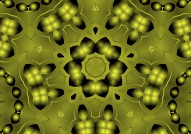 Dijital illüstrasyon, geometrik soyut renkli kaleydoskop simetrik desen ve gradyan etkisi. Klasik güzel dekoratif sarı arkaplan