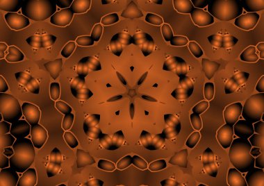 Dijital illüstrasyon, geometrik soyut renkli kaleydoskop simetrik desen ve gradyan etkisi. Klasik güzel dekoratif turuncu arka plan