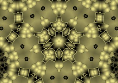 Dijital illüstrasyon, geometrik soyut renkli kaleydoskop simetrik desen ve gradyan etkisi. Klasik güzel dekoratif sarı arkaplan