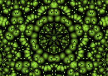 Dijital illüstrasyon, geometrik soyut renkli kaleydoskop simetrik desen ve gradyan etkisi. Klasik güzel dekoratif yeşil arkaplan