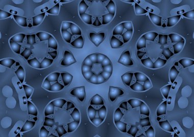 Dijital illüstrasyon, geometrik soyut renkli kaleydoskop simetrik desen ve gradyan etkisi. Klasik güzel dekoratif mavi arkaplan