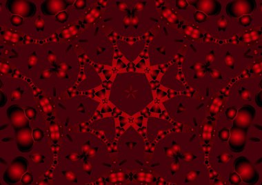 Dijital illüstrasyon, geometrik soyut renkli kaleydoskop simetrik desen ve gradyan etkisi. Klasik güzel dekoratif kırmızı arkaplan