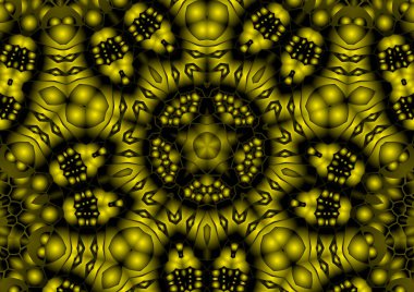 Dijital illüstrasyon, geometrik soyut renkli kaleydoskop simetrik desen ve gradyan etkisi. Klasik güzel dekoratif sarı arkaplan