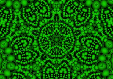 Dijital illüstrasyon, geometrik soyut renkli kaleydoskop simetrik desen ve gradyan etkisi. Klasik güzel dekoratif yeşil arkaplan