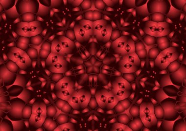 Dijital illüstrasyon, geometrik soyut renkli kaleydoskop simetrik desen ve gradyan etkisi. Klasik güzel dekoratif kırmızı arkaplan