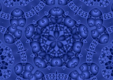 Dijital illüstrasyon, geometrik soyut renkli kaleydoskop simetrik desen ve gradyan etkisi. Klasik güzel dekoratif mavi arkaplan