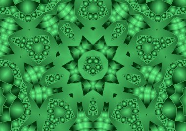 Dijital illüstrasyon, geometrik soyut renkli kaleydoskop simetrik desen ve gradyan etkisi. Klasik güzel dekoratif yeşil arkaplan