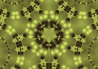 Dijital illüstrasyon, geometrik soyut renkli kaleydoskop simetrik desen ve gradyan etkisi. Klasik güzel dekoratif sarı arkaplan