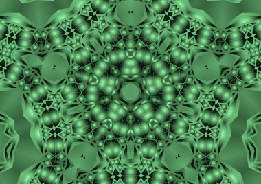 Dijital illüstrasyon, geometrik soyut renkli kaleydoskop simetrik desen ve gradyan etkisi. Klasik güzel dekoratif yeşil arkaplan