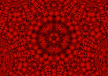Dijital illüstrasyon, geometrik soyut renkli kaleydoskop simetrik desen ve gradyan etkisi. Klasik güzel dekoratif kırmızı arkaplan