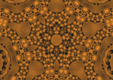 Dijital illüstrasyon, geometrik soyut renkli kaleydoskop simetrik desen ve gradyan etkisi. Klasik güzel dekoratif turuncu arka plan