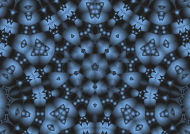 Dijital illüstrasyon, geometrik soyut renkli kaleydoskop simetrik desen ve gradyan etkisi. Klasik güzel dekoratif mavi arkaplan