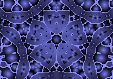 Dijital illüstrasyon, geometrik soyut renkli kaleydoskop simetrik desen ve gradyan etkisi. Klasik güzel dekoratif mavi arkaplan