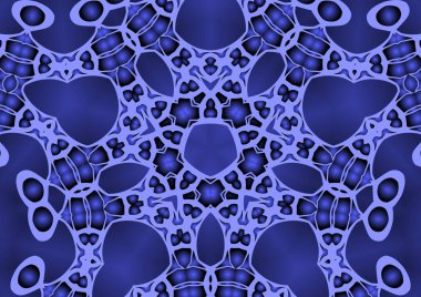 Dijital illüstrasyon, geometrik soyut renkli kaleydoskop simetrik desen ve gradyan etkisi. Klasik güzel dekoratif mavi arkaplan