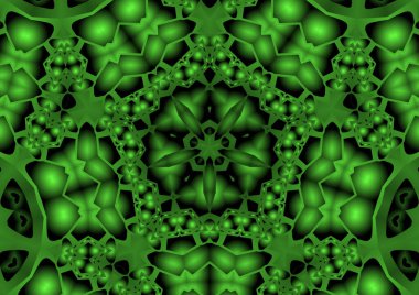 Dijital illüstrasyon, geometrik soyut renkli kaleydoskop simetrik desen ve gradyan etkisi. Klasik güzel dekoratif yeşil arkaplan