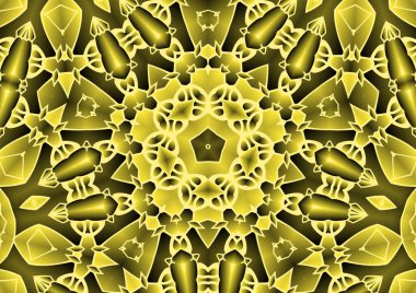 Dijital illüstrasyon, geometrik soyut renkli kaleydoskop simetrik desen ve gradyan etkisi. Klasik güzel dekoratif sarı arkaplan