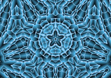 Dijital illüstrasyon, geometrik soyut renkli kaleydoskop simetrik desen ve gradyan etkisi. Klasik güzel dekoratif mavi arkaplan