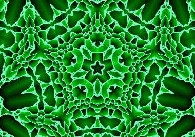 Dijital illüstrasyon, geometrik soyut renkli kaleydoskop simetrik desen ve gradyan etkisi. Klasik güzel dekoratif yeşil arkaplan