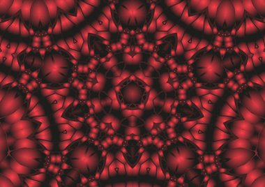 Dijital illüstrasyon, geometrik soyut renkli kaleydoskop simetrik desen ve gradyan etkisi. Klasik güzel dekoratif kırmızı arkaplan