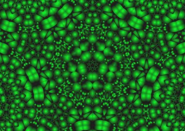 Dijital illüstrasyon, geometrik soyut renkli kaleydoskop simetrik desen ve gradyan etkisi. Klasik güzel dekoratif yeşil arkaplan