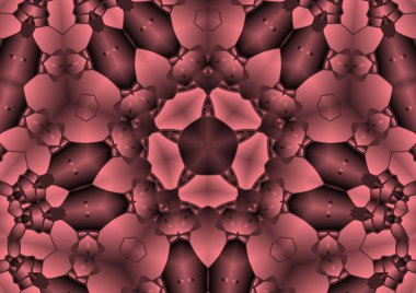 Dijital illüstrasyon, geometrik soyut renkli kaleydoskop simetrik desen ve gradyan etkisi. Klasik güzel dekoratif pembe arkaplan